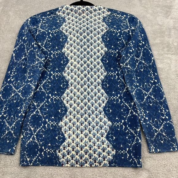 Tory Burch 100% Wool Cardigan Sweater Womens XS Blue Geometric Old Money Classic - Picture 2 of 16